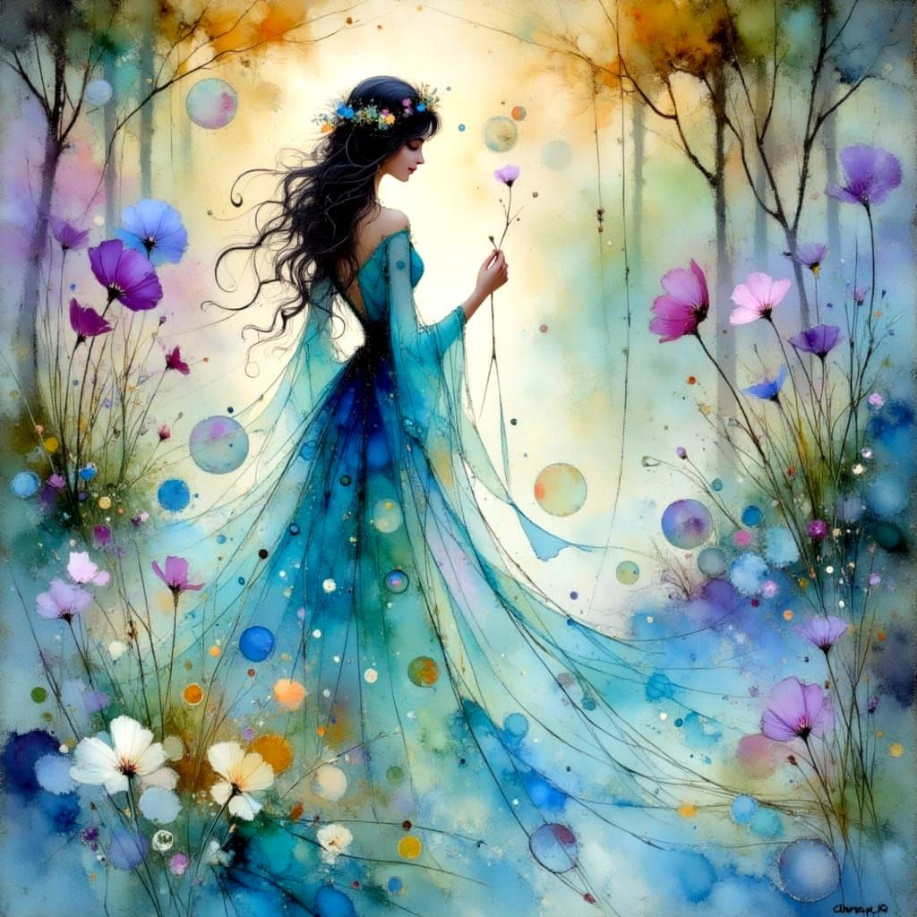 Ethereal Dreamscapes: Lady of the Lake Amidst Iridescent Bub...