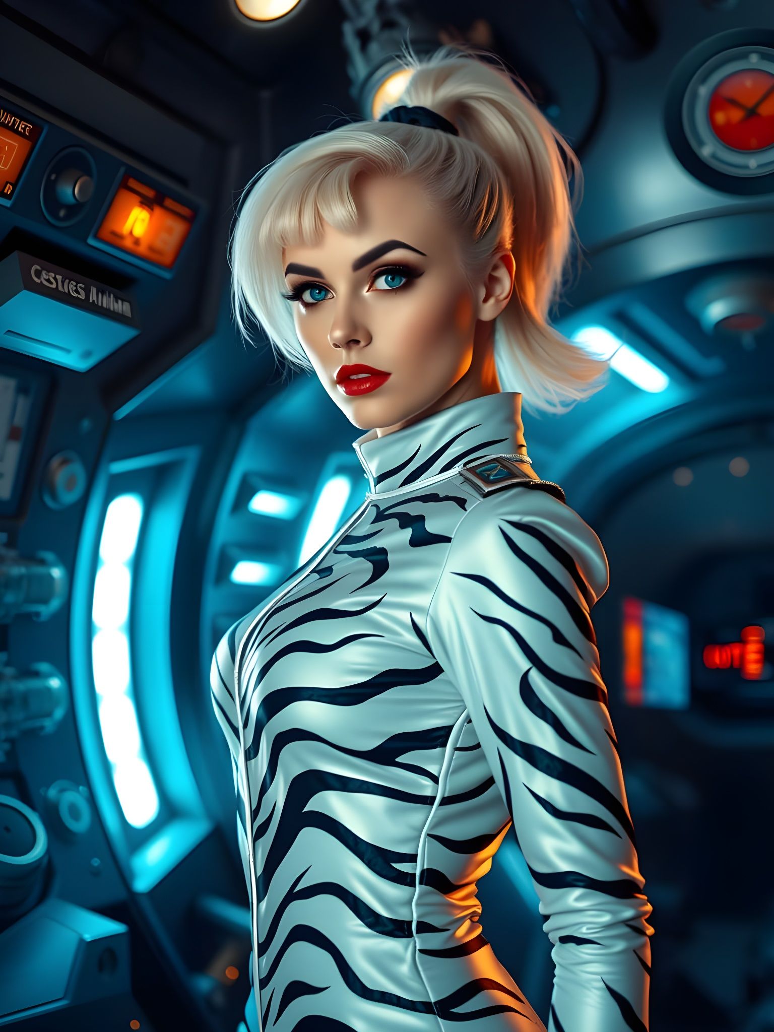 Retro-Futuristic Swedish Space Queen in Tiger-Print Jumpsuit