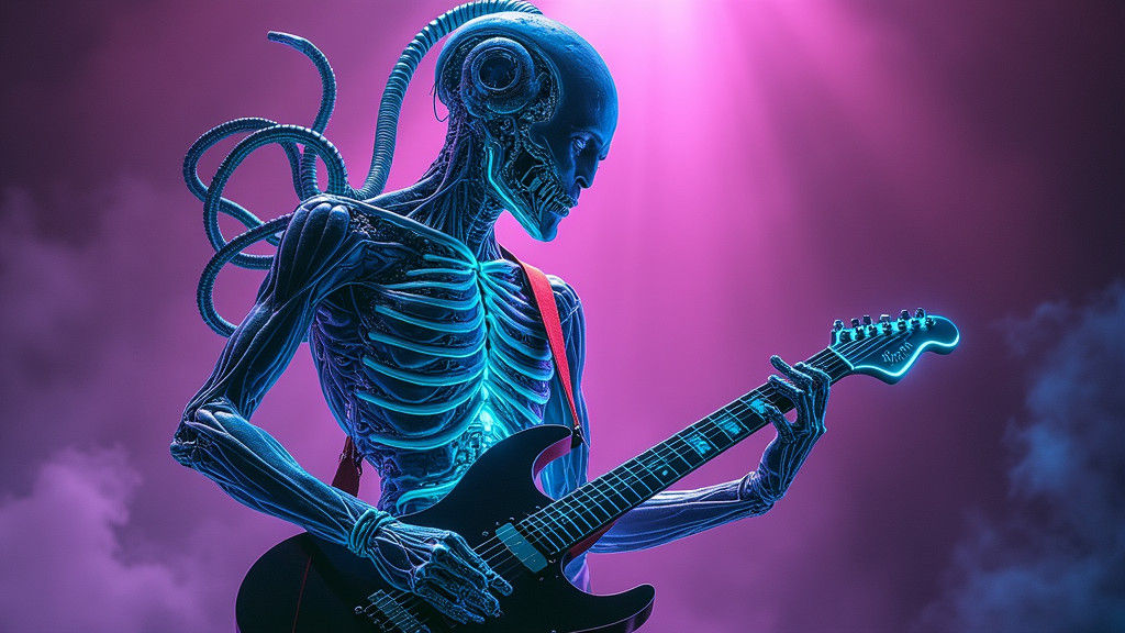 Cyberpunk Bio-Luminescent Guitarist Amidst Cosmic Chaos