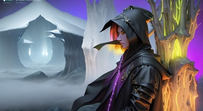 Mysterious Hooded Figure in Dark Fantasy Forest