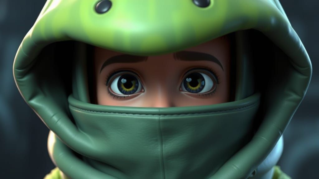 Human in Alien Costume Looks Out with Amused Expression