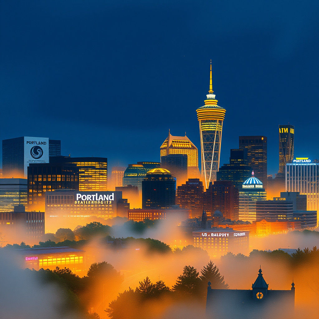 Portland Oregon Skyline in Studio Ghibli Style