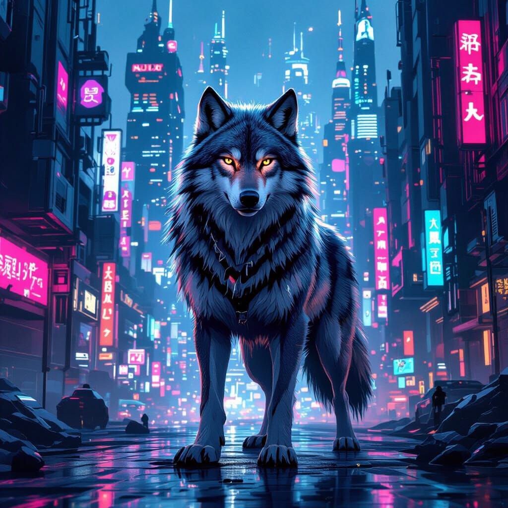 Cyberpunk Wolf in Futuristic Cityscape