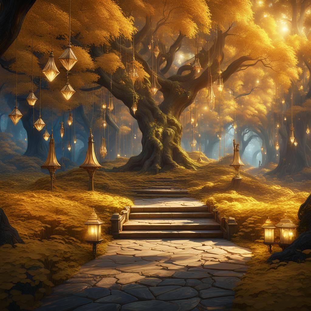 Enchanted Gold Forest with Crystals and Jewelry