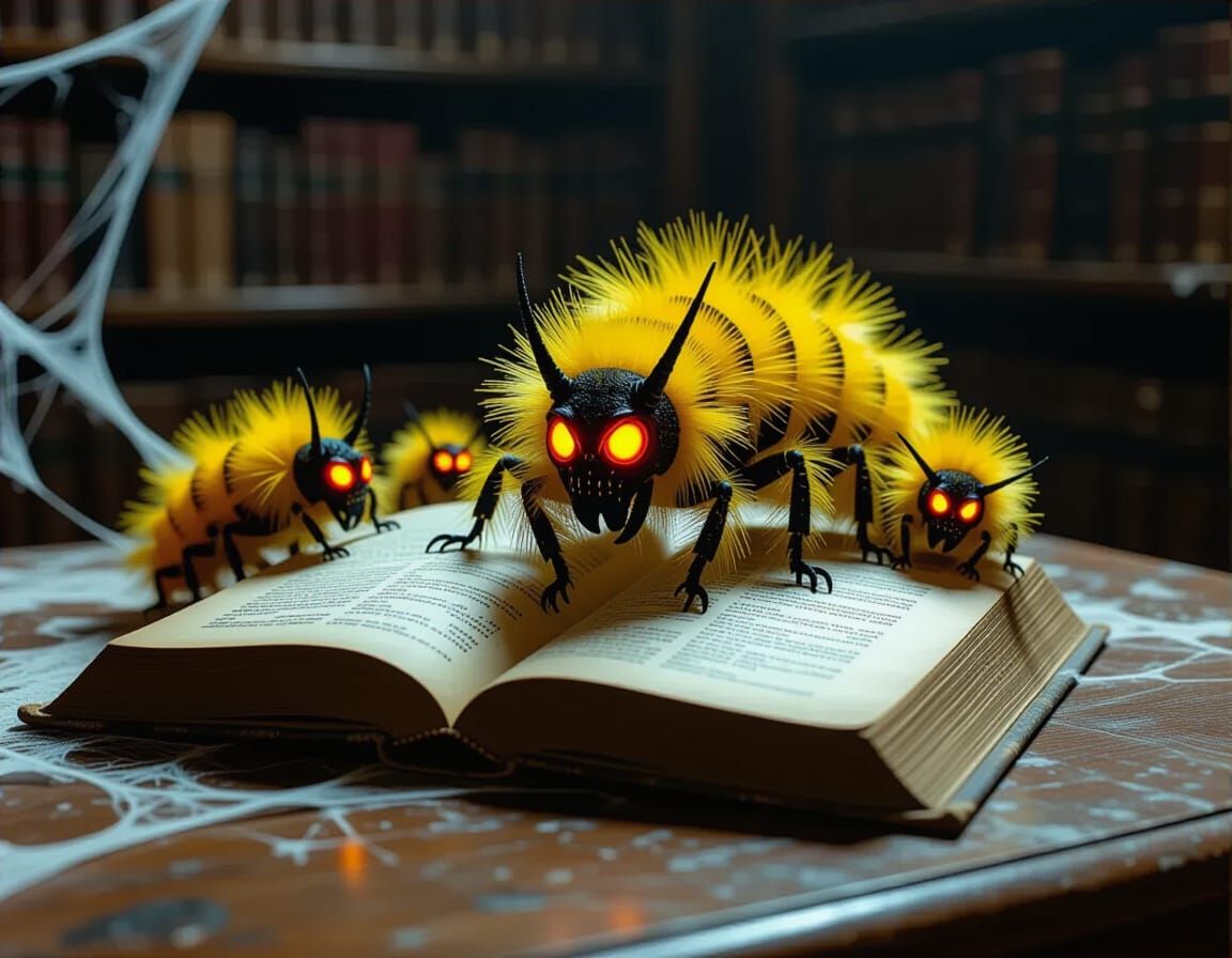 Menacing Caterpillars Swarm Dusty Book in Dim Library