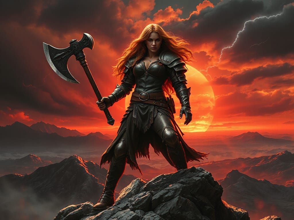 Fiery Warrior Woman on Windswept Peak