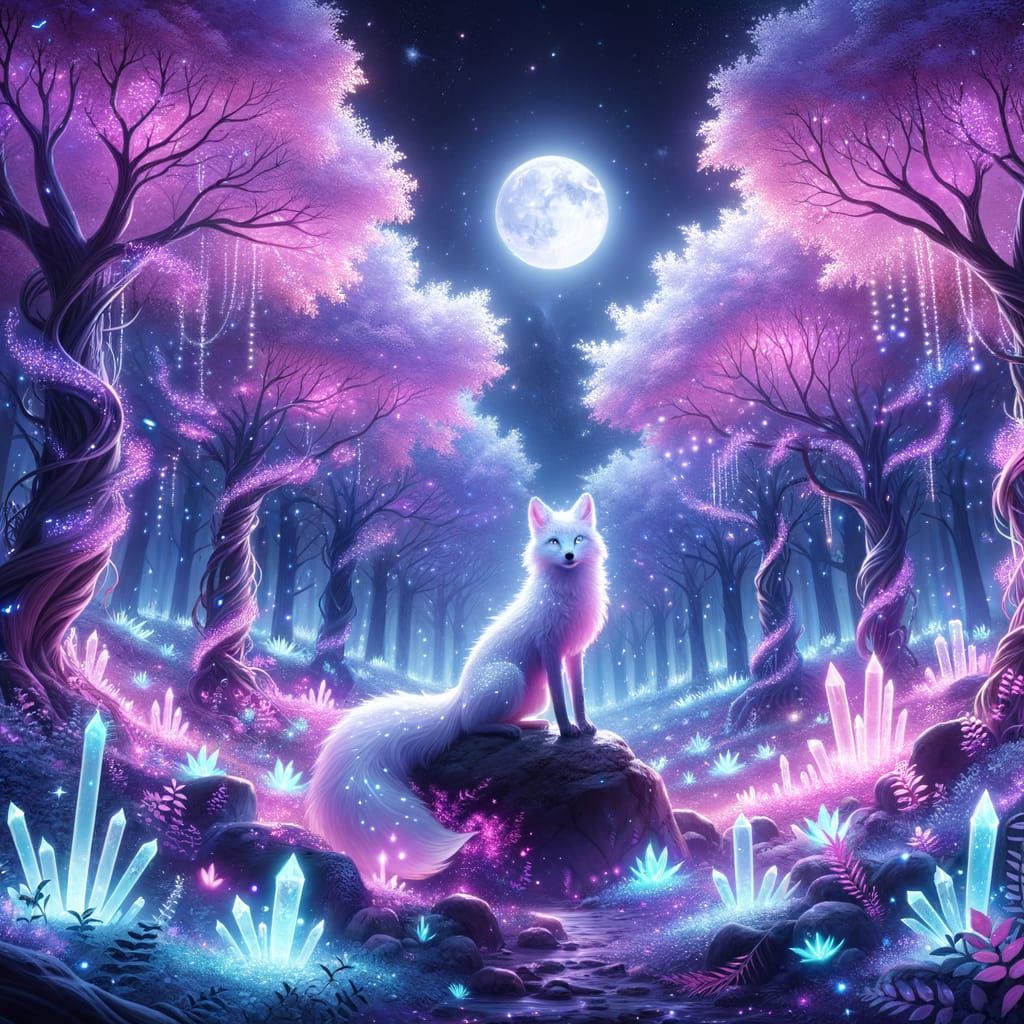 Luminescent Forest Scene with Mystical White Fox