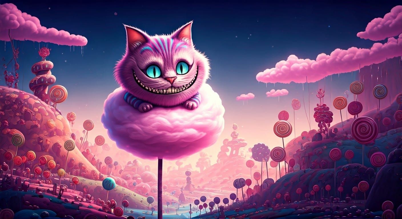 Whimsical Pink Cheshire Cat Rules over Fantastical Candyland