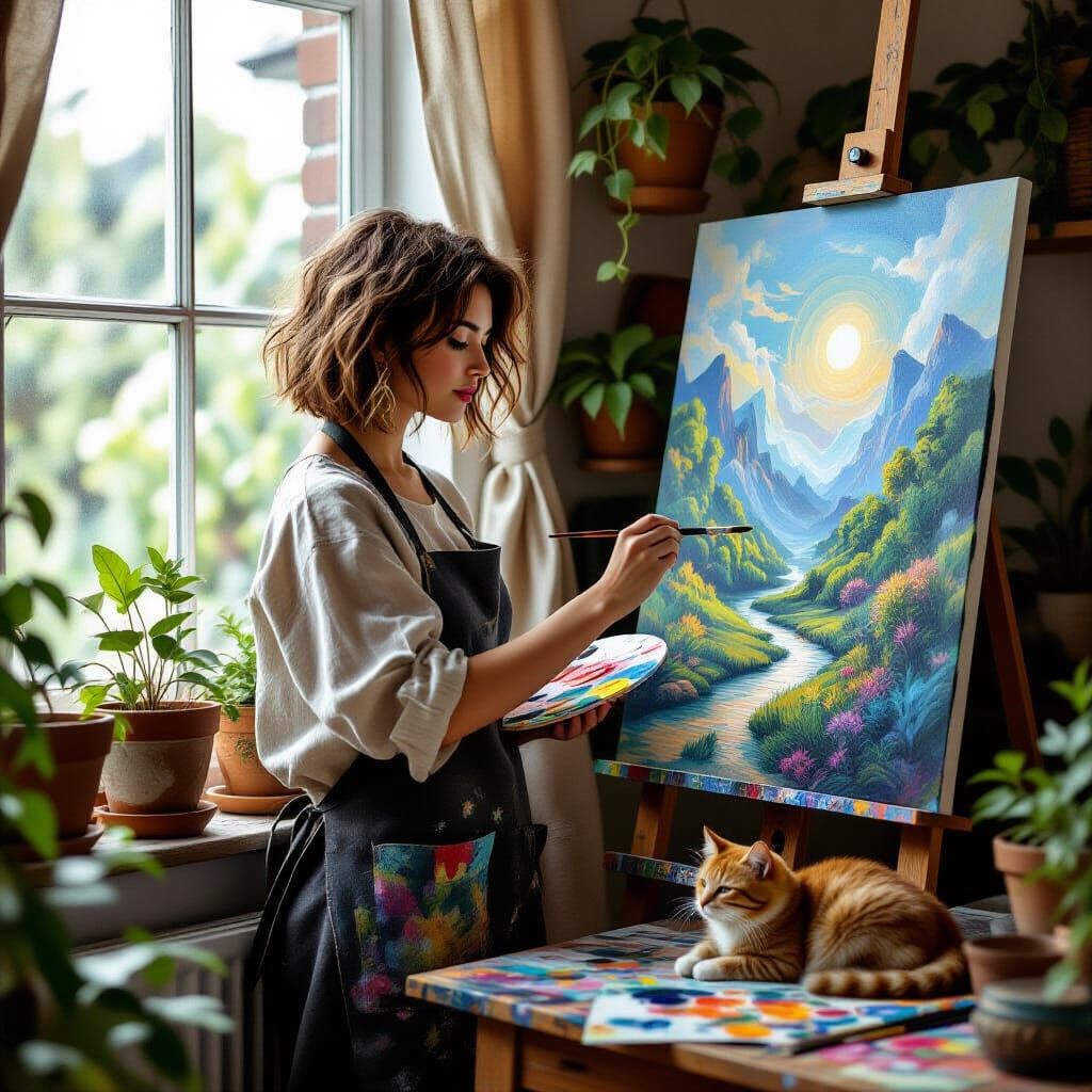 Artist Painting Enchanted Landscape in Bohemian Studio