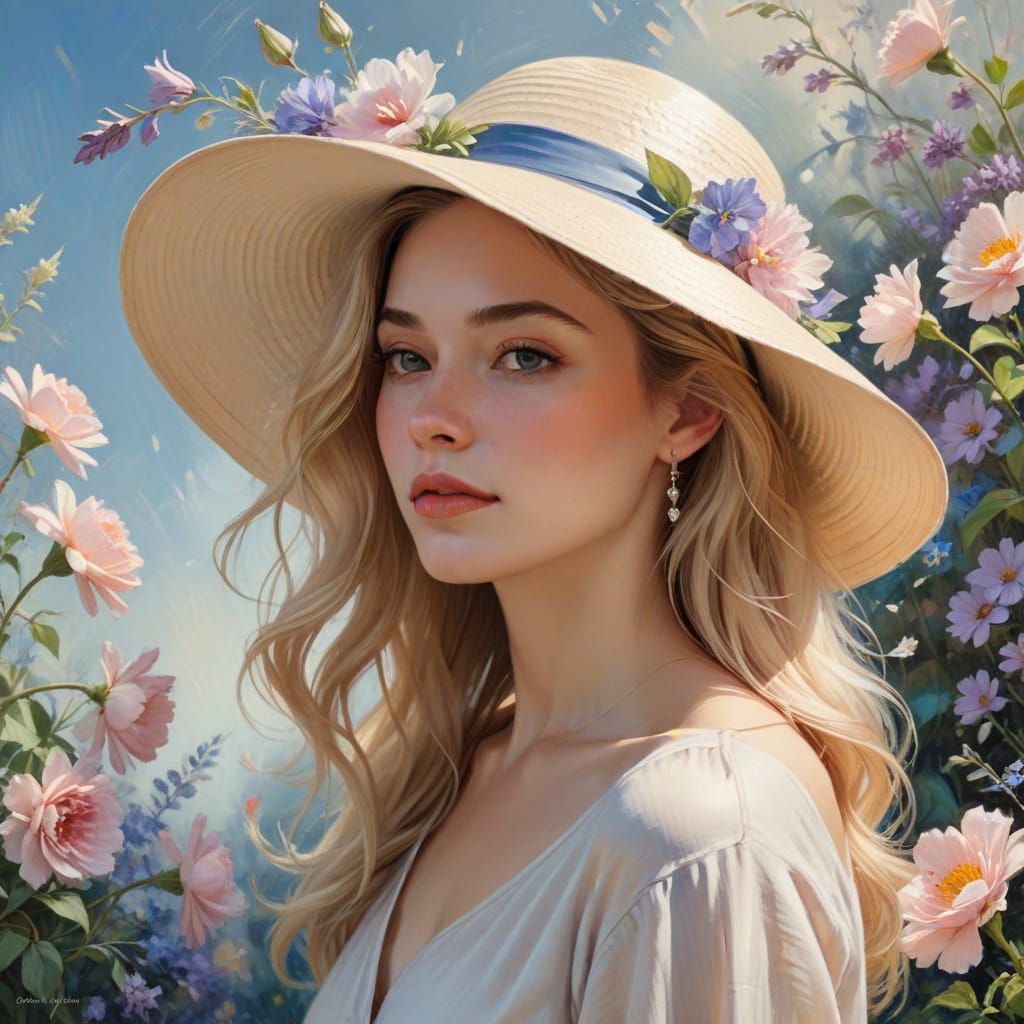 Woman with Floral Hat in Pastel Portrait