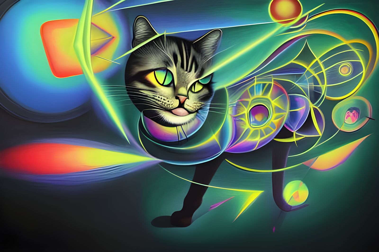 Detailed Abstract Painting of a Hovering Cosmic Cat