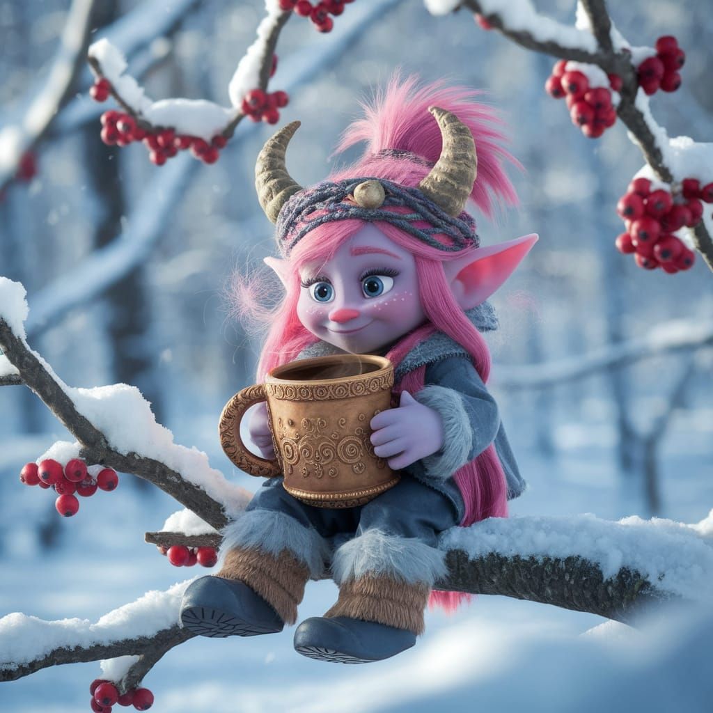 Frozen Pink Troll Drinks Coffee in Winter