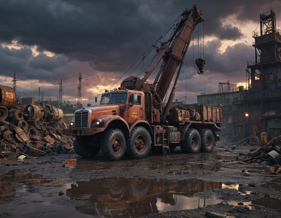 Dieselpunk Wrecking Truck at Industrial Port