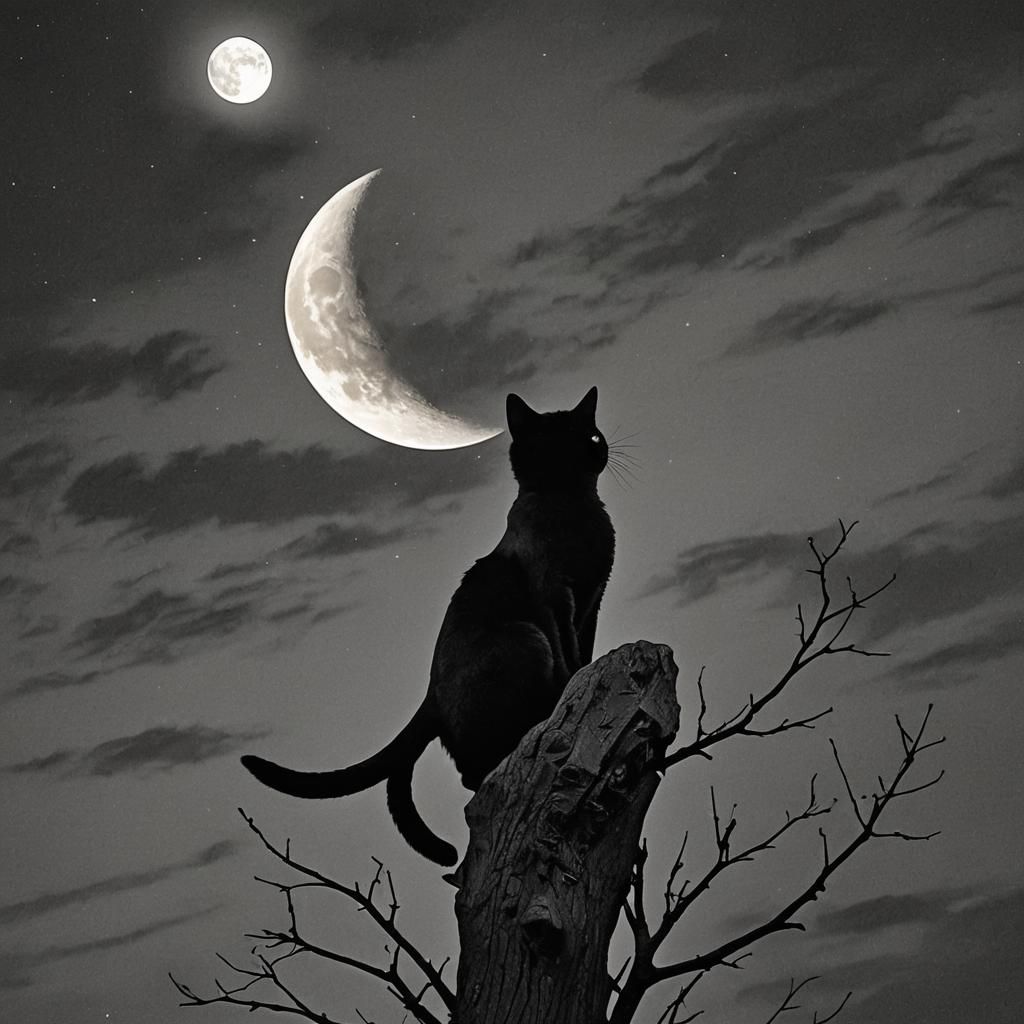 Black Cat Gazing at Moon in Chiaroscuro Lighting