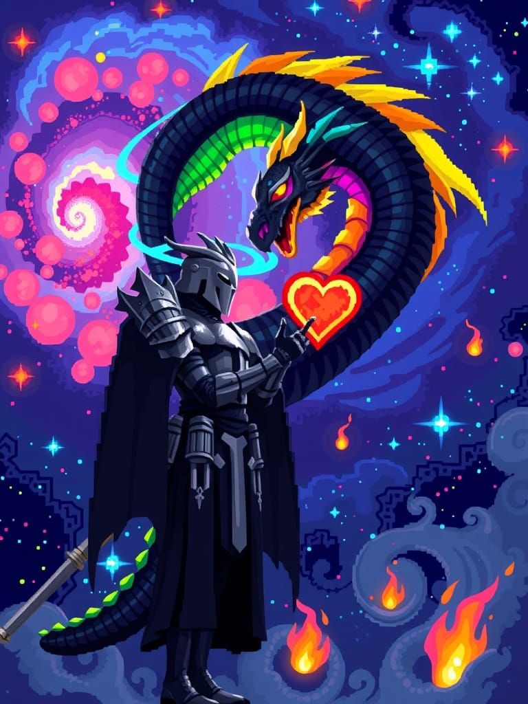 Pixelated Cosmic Knights Unite with Rainbow Dragon