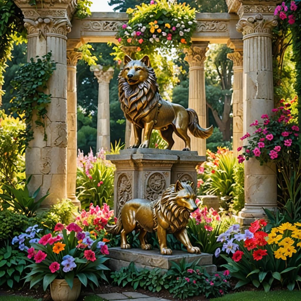 Lush Garden Scene with Golden Wolf Columns