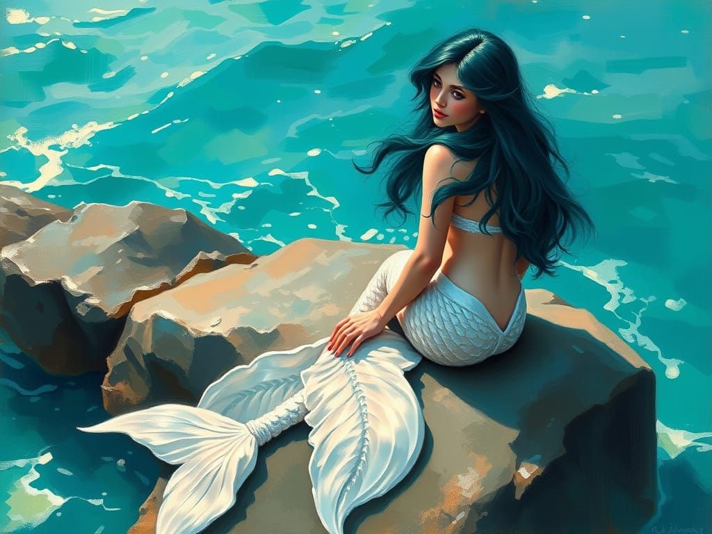 Mermaid on Rock Outcrop in Ethereal Ocean Light