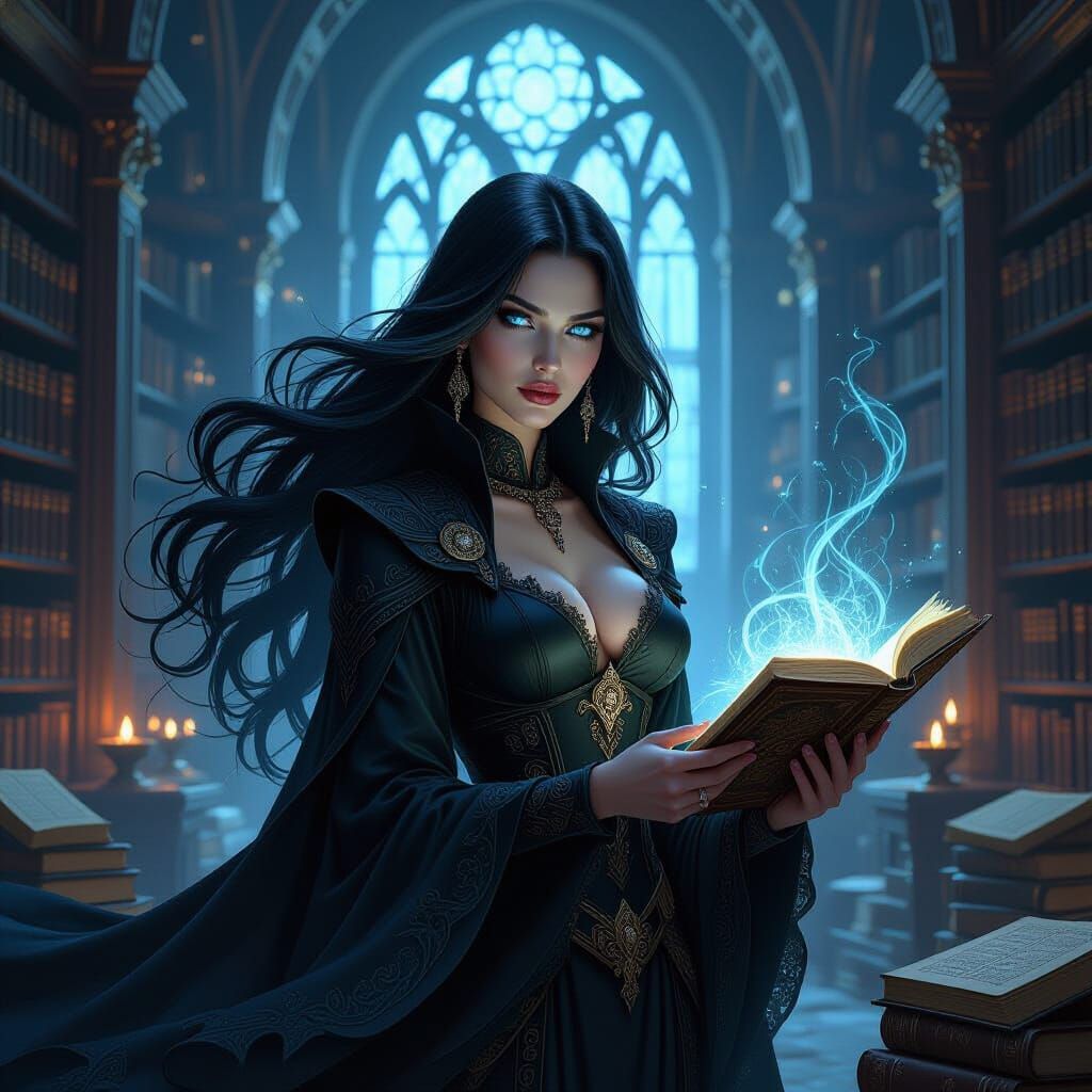 Mysterious Woman in a Dark Fantasy Library
