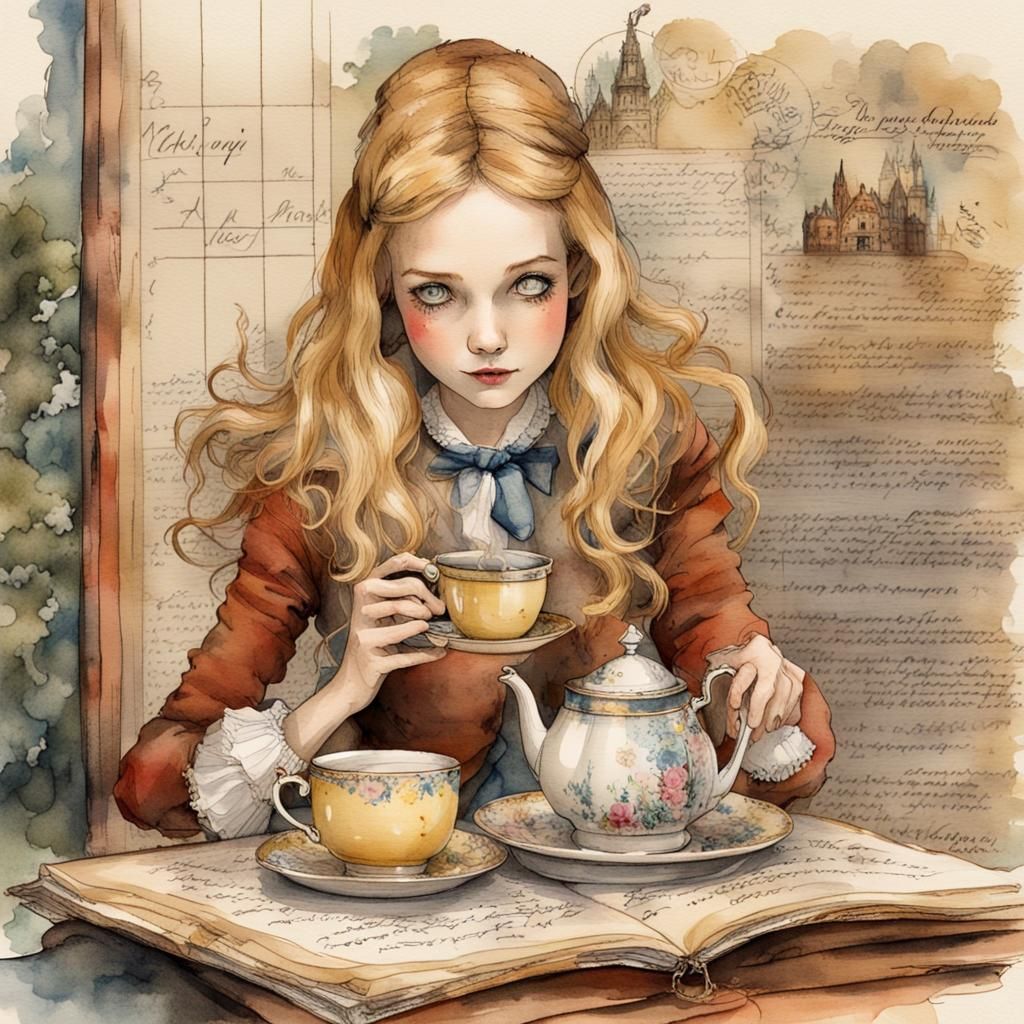 Alice in Wonderland Tea Party, Watercolor Diorama