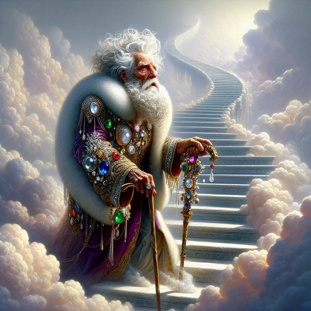 Elderly King Descends Cloudy Staircase in Opulent Attire