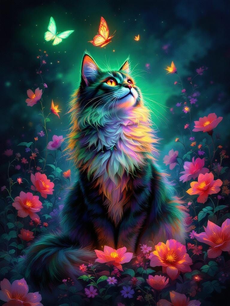 Neon Cat with Butterfly: Digital Oil Painting
