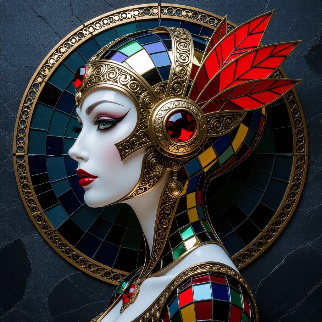 Mosaic Art of Cybernetic Woman with Steampunk Visor