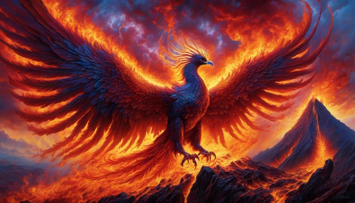 Fiery Phoenix Rising from Volcano, Dramatic Lighting