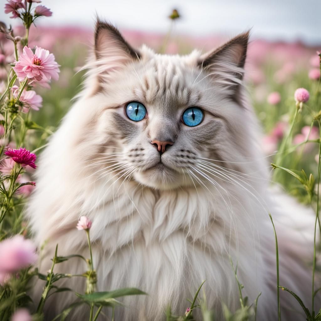 Ragdoll Cat in a Field of Flowers