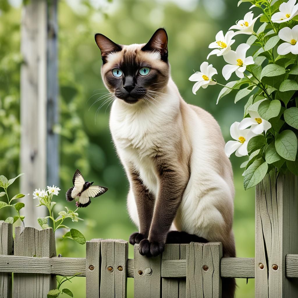 Siamese Cat Watching Birds on Fence