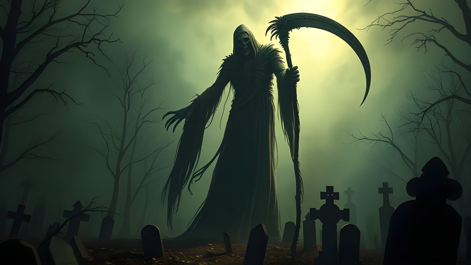 Towering Grim Reaper in Graveyard Shadows