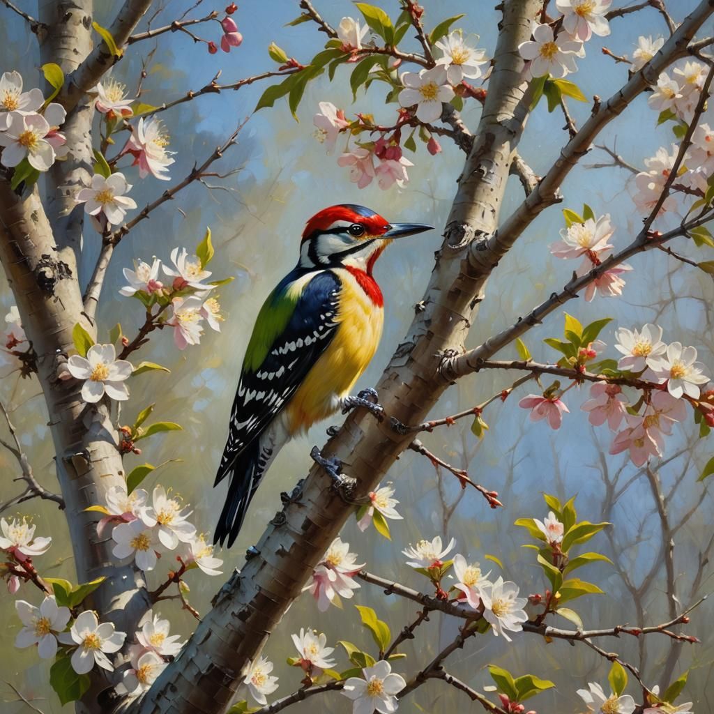 Woodpecker in Blossoming Apple Tree: Gurney Oil Painting