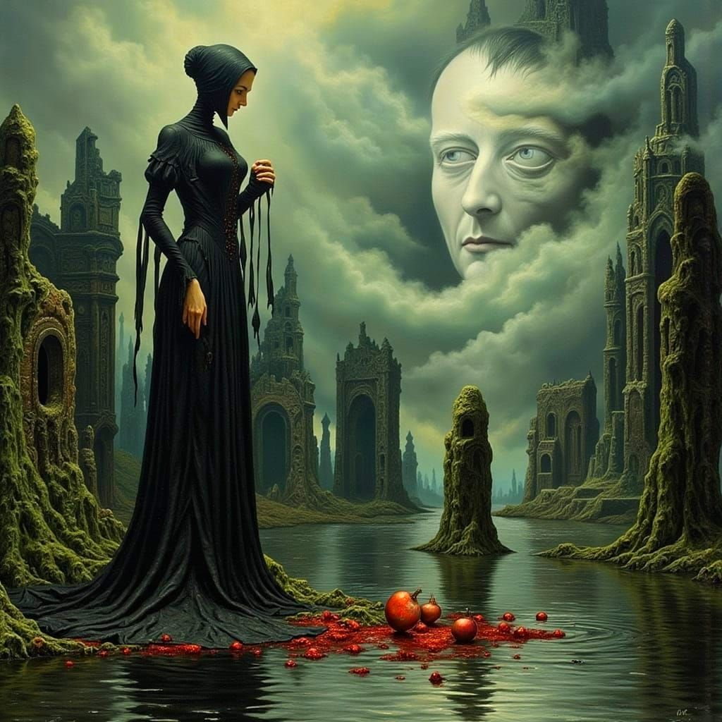 Surreal Graveyard Scene with Face in Sky