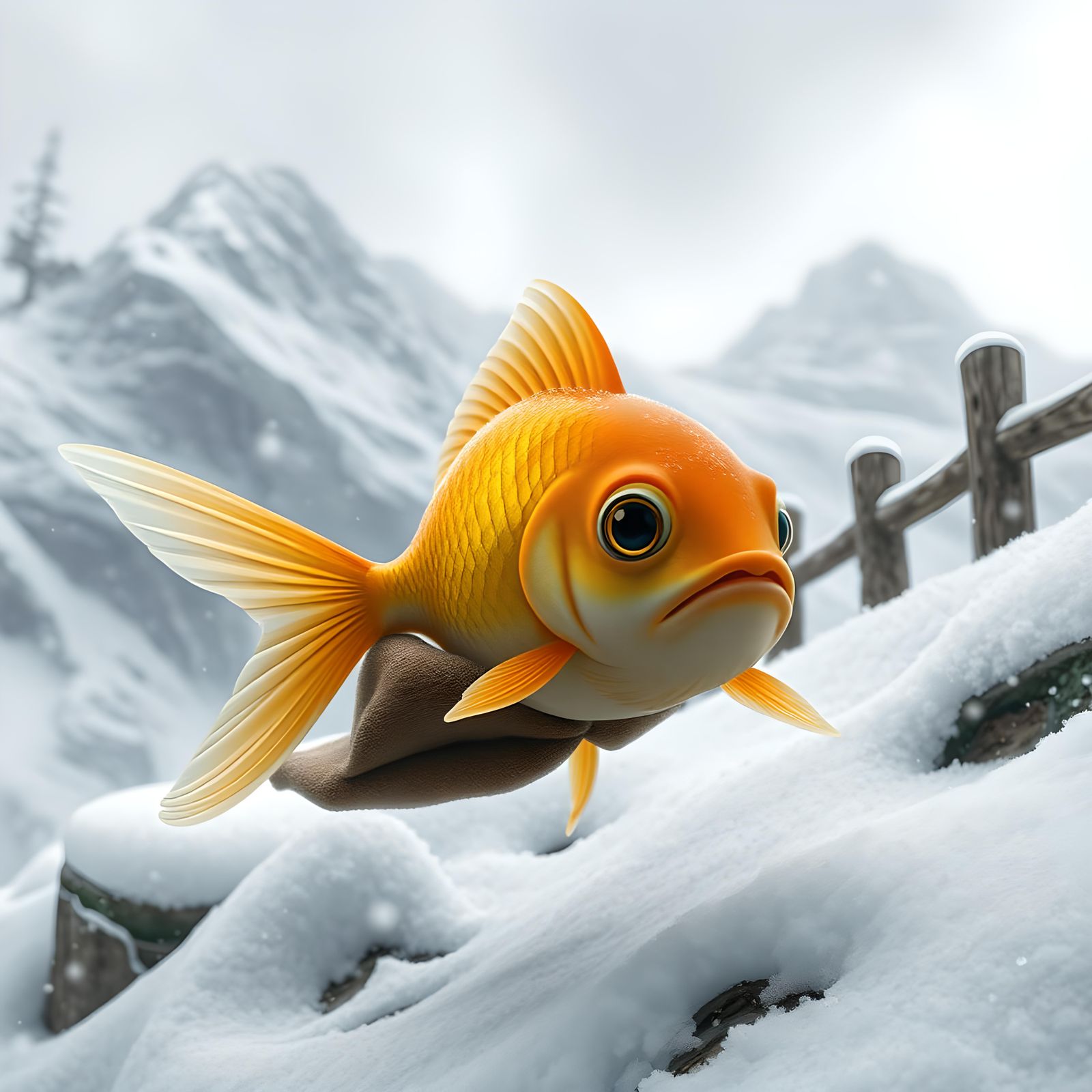 Goldfish in Snowy Mountains: A Photorealistic Adventure