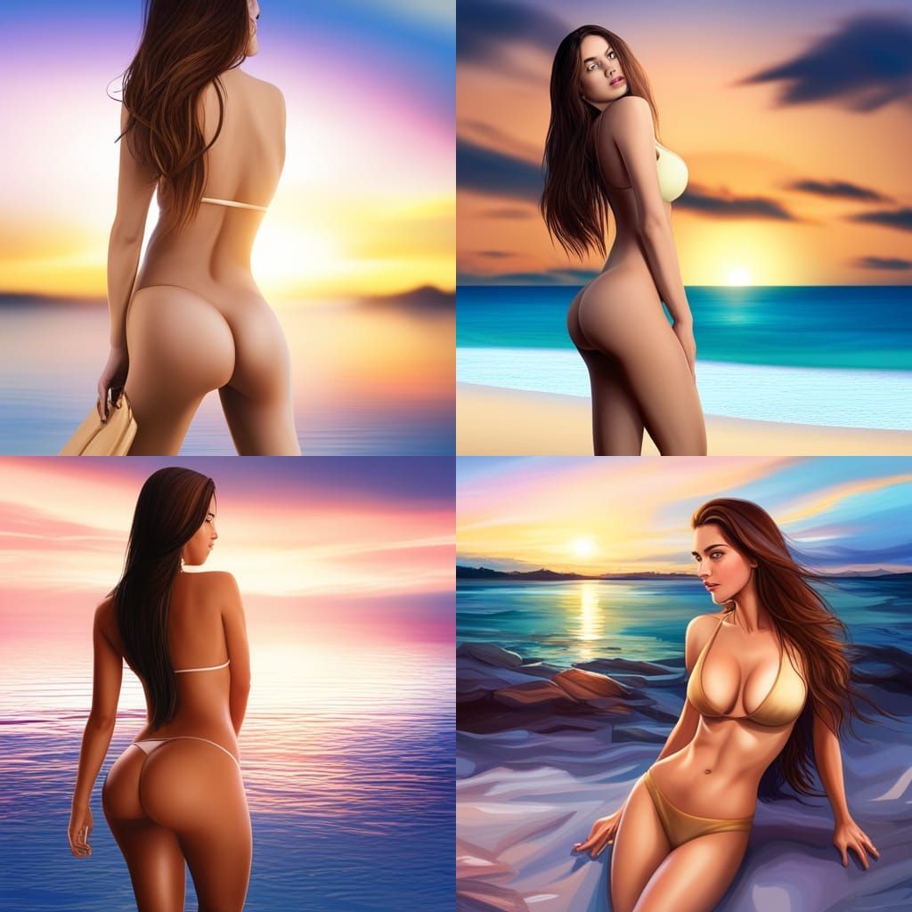 Woman in Bikini at Sunset: Photorealistic Digital Art