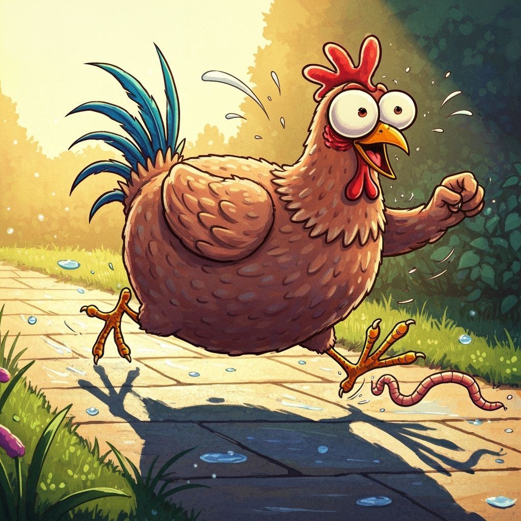 Chicken Chasing Worm Caricature in Golden Hour Light