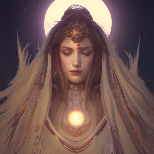 Detailed Moon Priestess Portrait in Art Nouveau Style