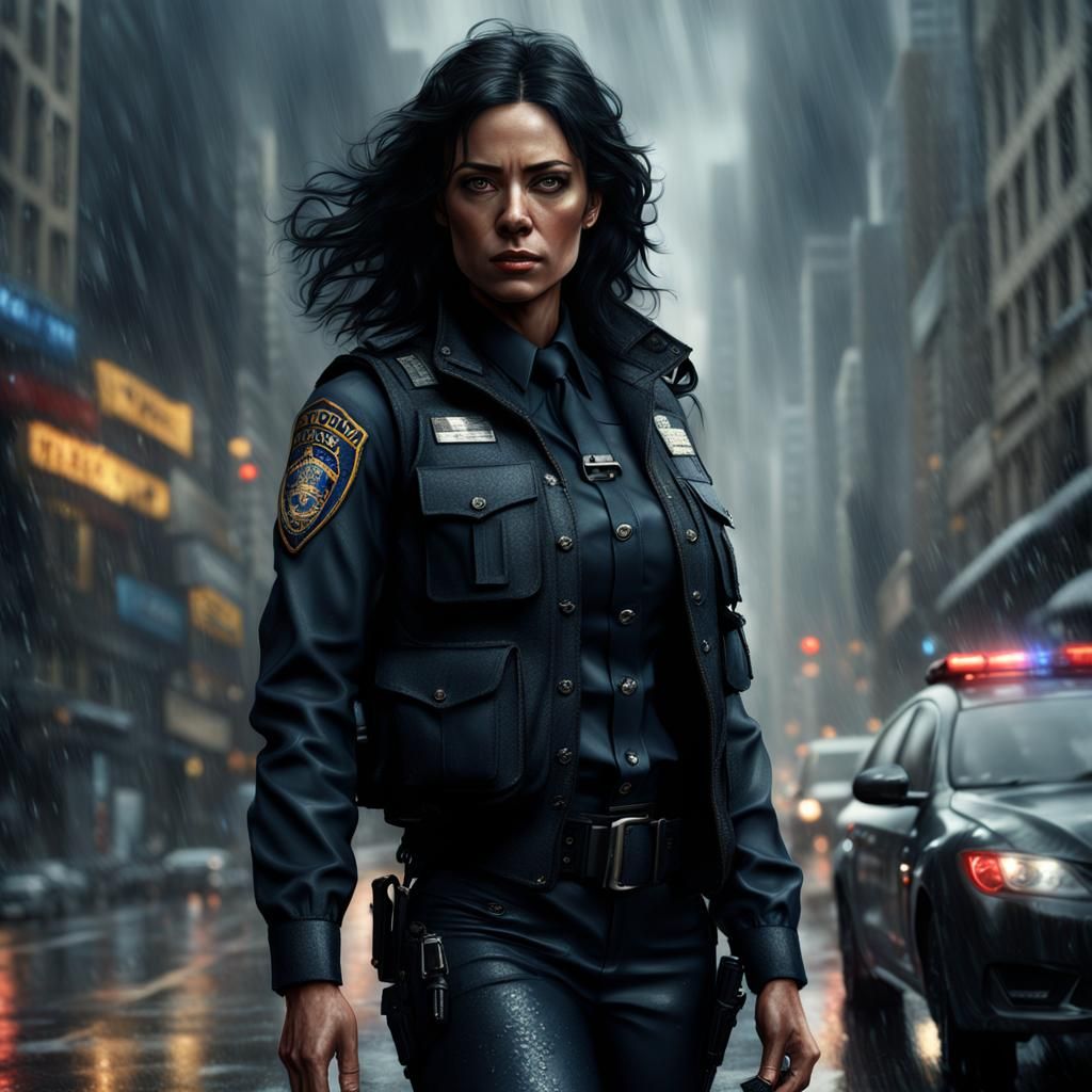 KCPD Officer in Rain: Cinematic Digital Art