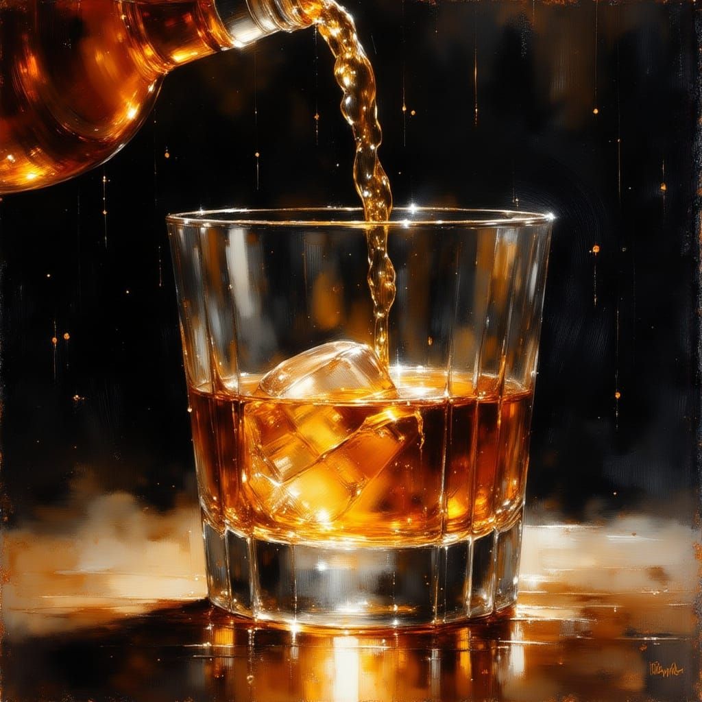 Close-Up Oil Painting of Whiskey Pouring into Glass