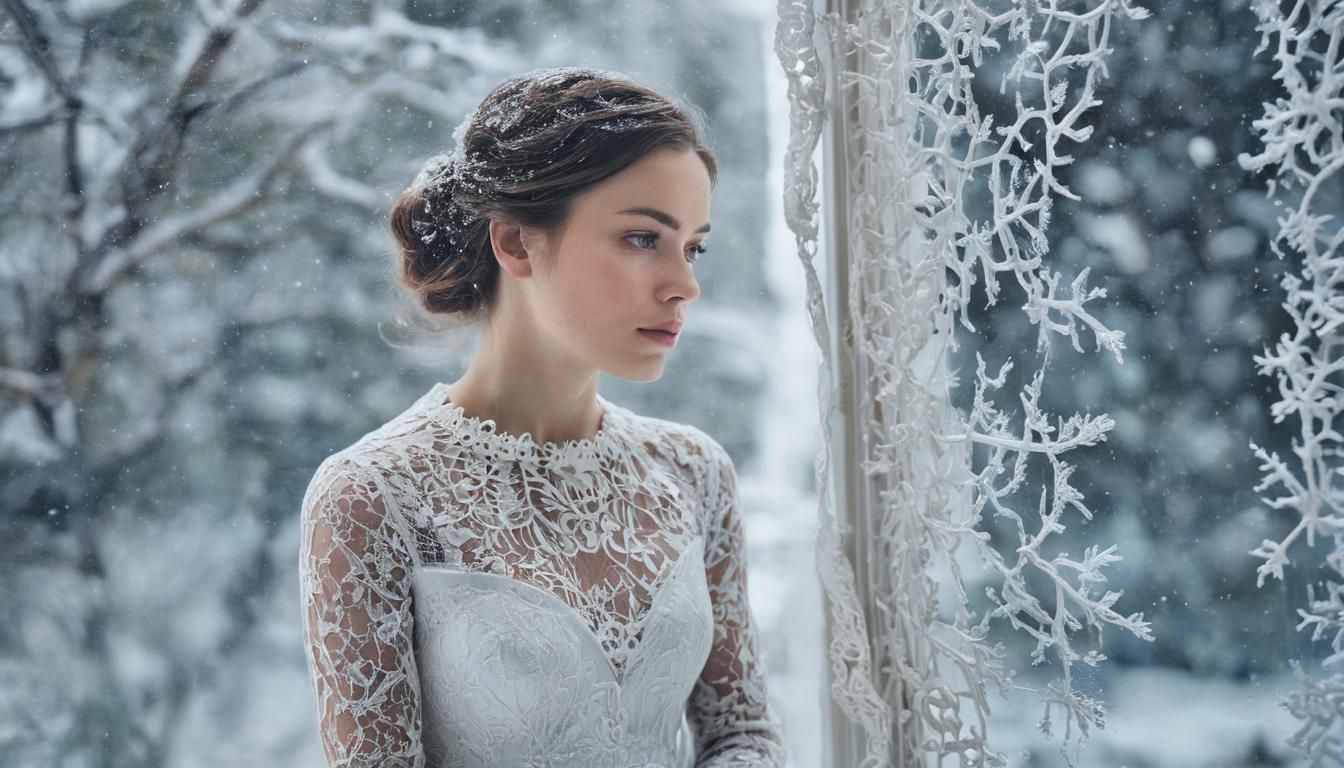 Contemplative Woman in Lace at Snowy Window