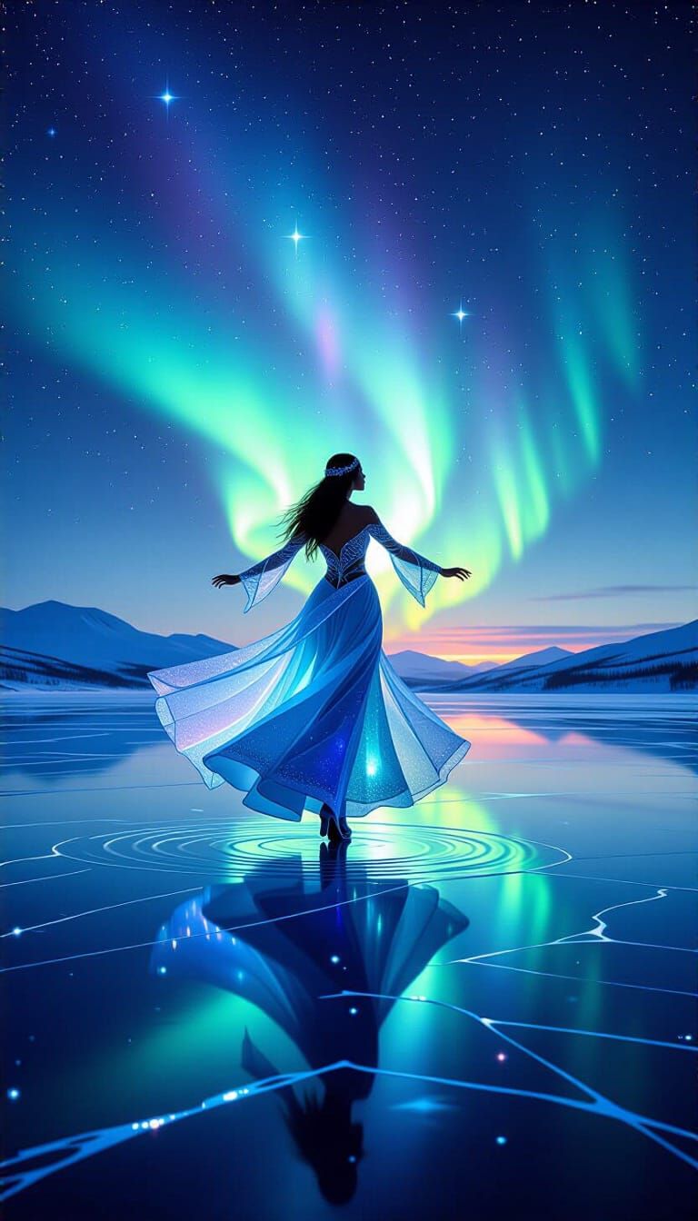 Aurora Dancer on Arctic Lake Reflecting Galaxy