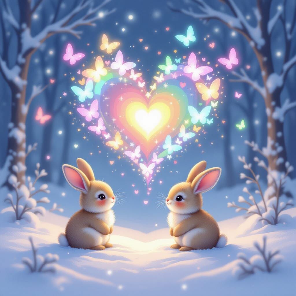 Enchanting Winter Scene With Rainbow Butterflies and Bunnies