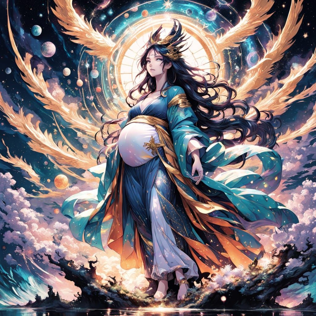 Celestial Goddess in Iridescent Kimono Bikini, Floating Amid...