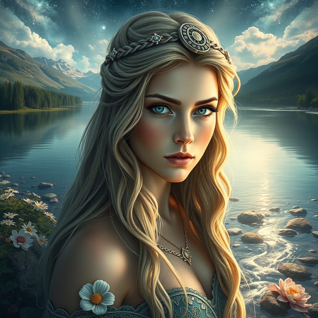 Norse Woman with Green Eyes: Cosmic Illustration