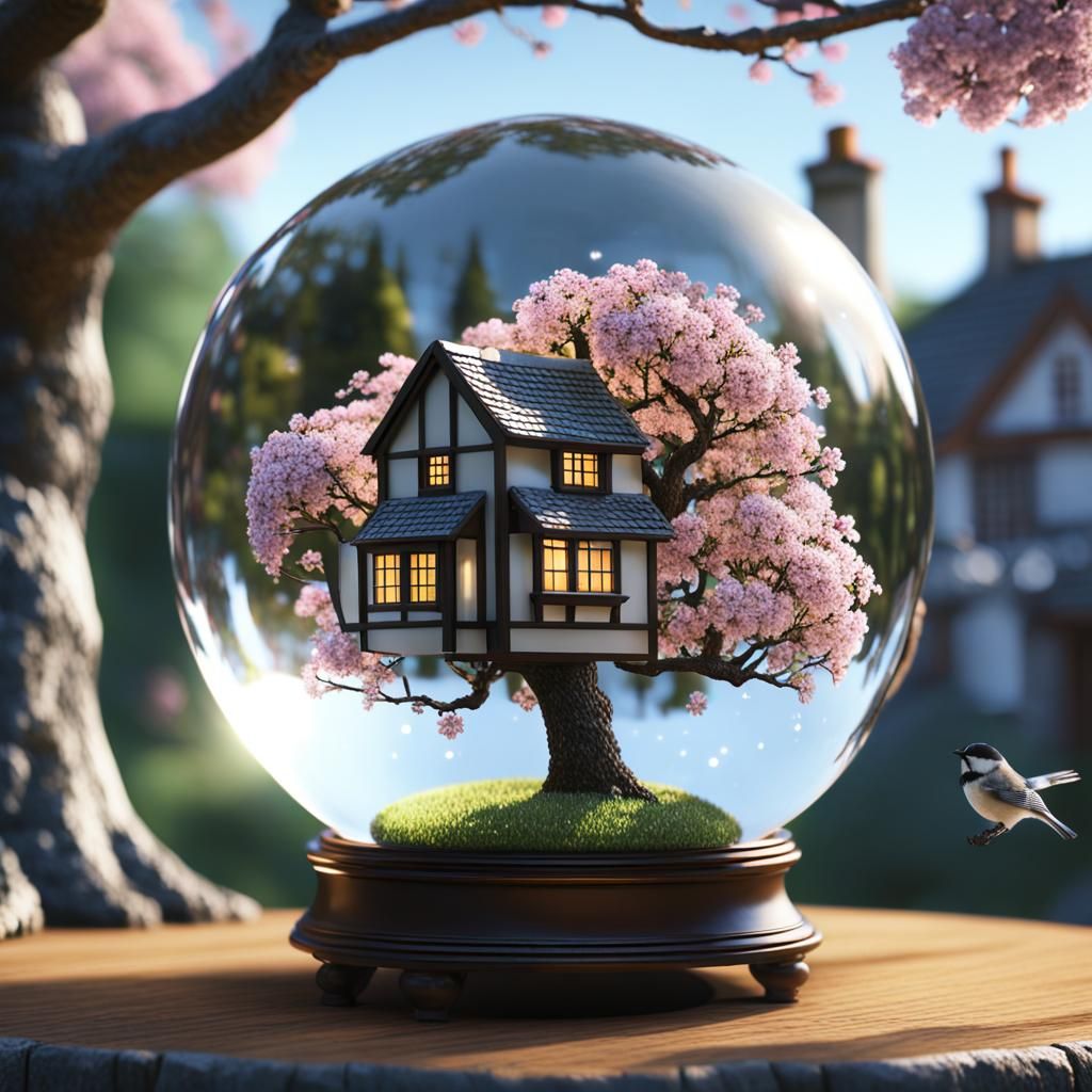 English Cottage in Crystal Ball, Hyper-Realistic