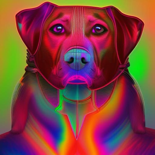 Holographic Cosmic Dog-Girl Illustration in Mixed Media