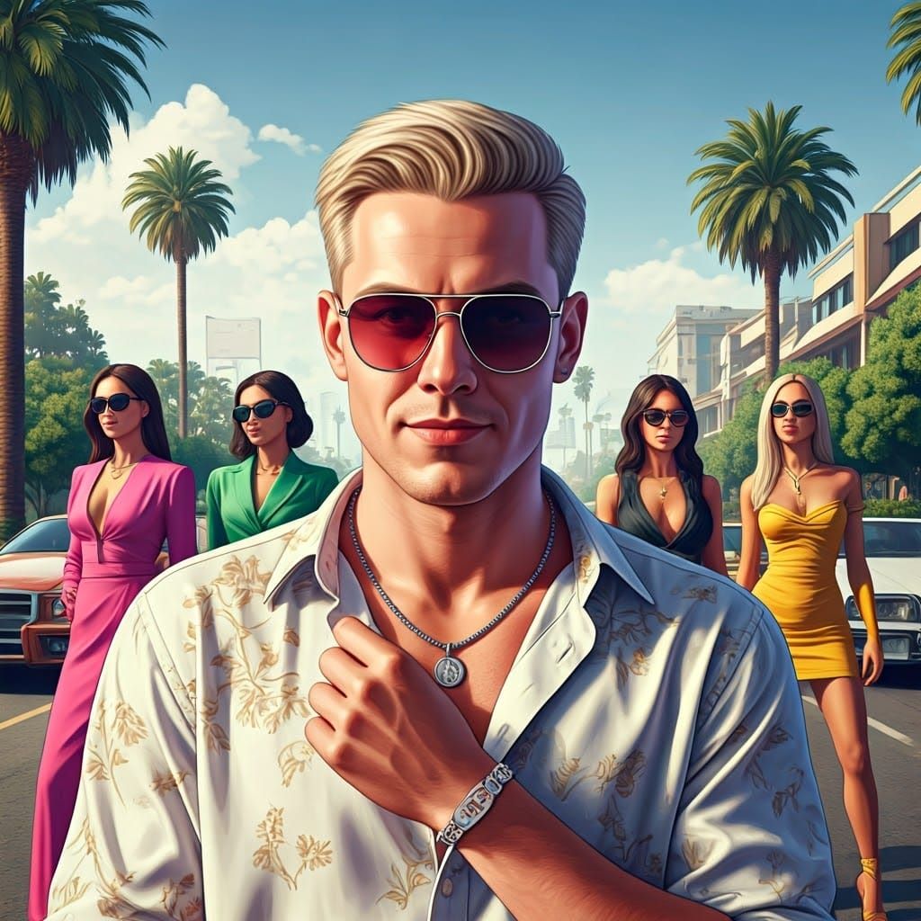 Luxury Scene in GTA V Poster Style with Confident Man and Gl...