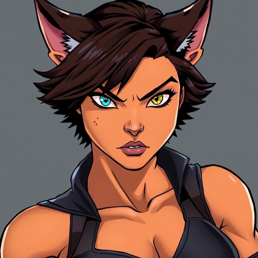 Fierce Feline Character with Heterochromia in Comic Style