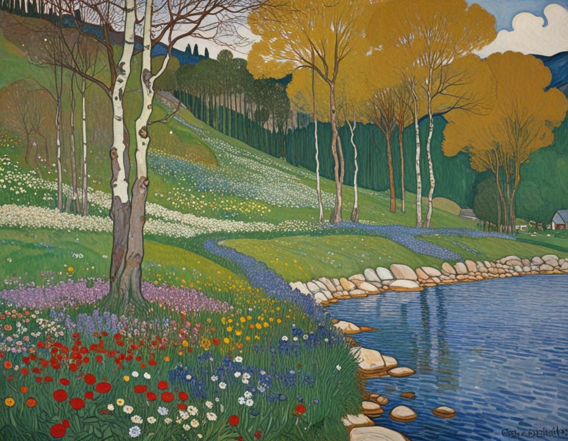 Gustav Klimt and Egon Schiele Style Spring Landscape