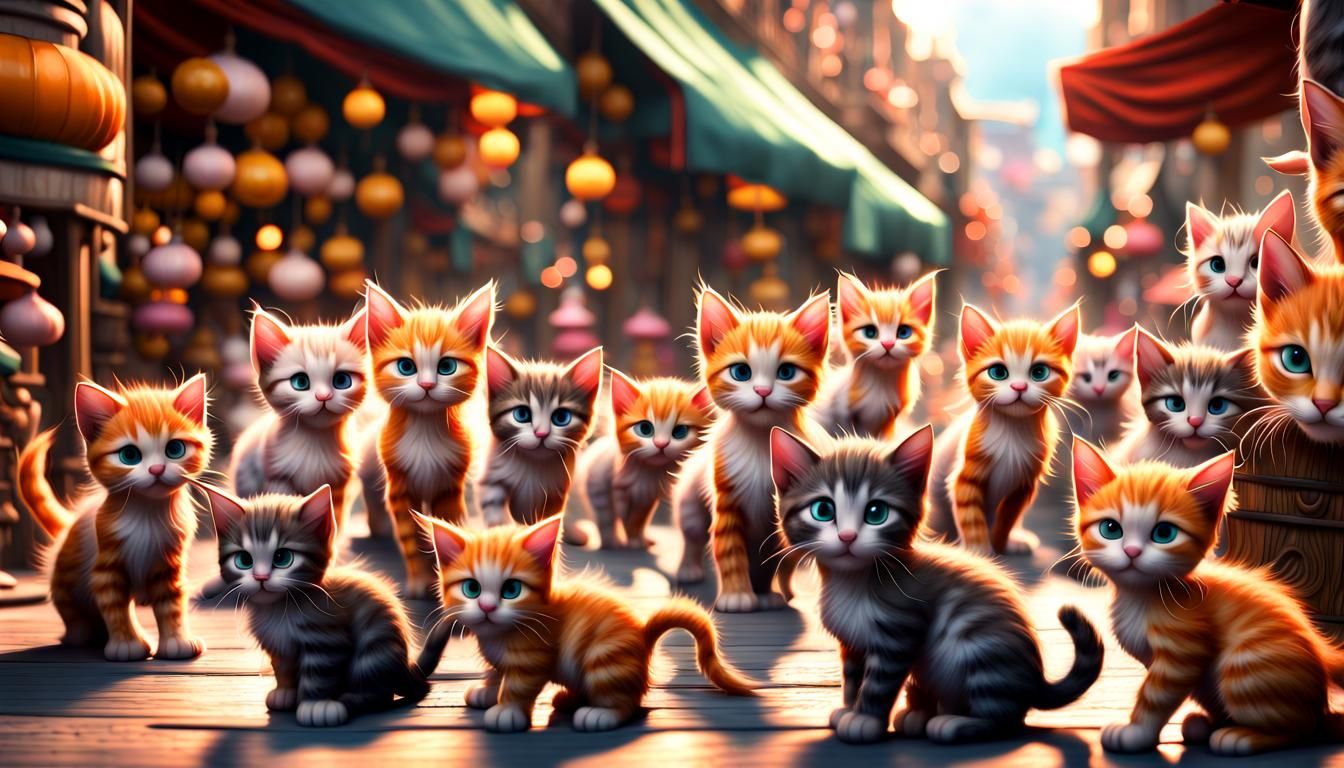Cute Kittens Rummaging Through Shoppe: Hyperrealistic Action...
