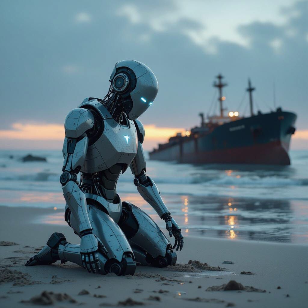 Worn Robot on Oil-Covered Beach in Photorealistic Style